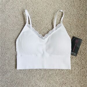 SOLD white lace trim ribbed cropped cami longline bralette top